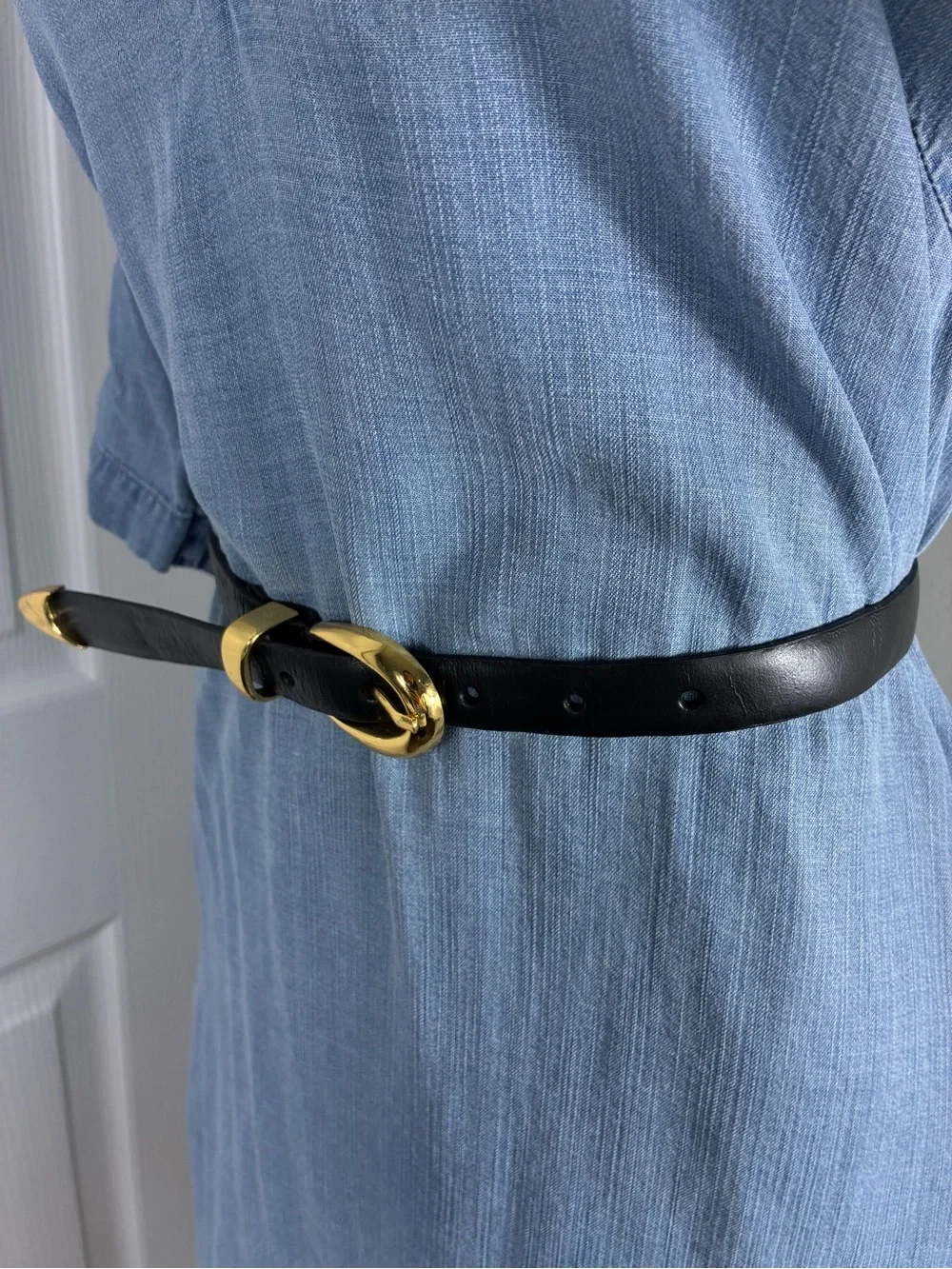 Womens belt 41” long Classic Black Faux Leather with Gold Buckle